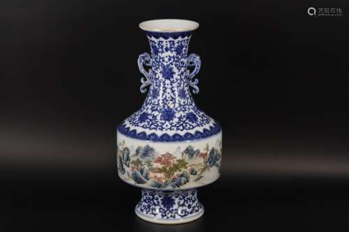 A Chinese Blue and White with famille verte landscapw