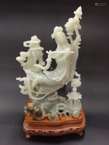 Hetian white jade carving of Guan Yin and dragon