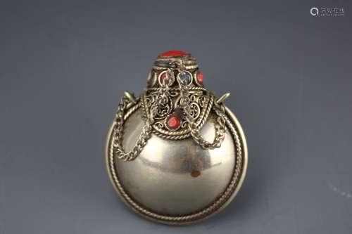 Vintage Tibetan metal pendant snuffle bottle with Coral