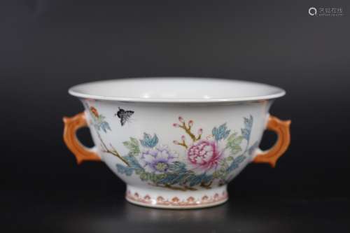 A Famille Rose Floral and Butterflies Bowl with Handles
