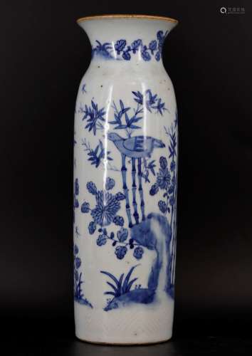 A Blue and White Bamboo and Bird Sleeve Vase