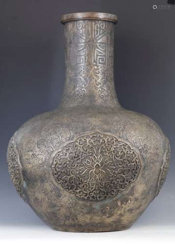 A Carved Inter-Locking Lotus Copper Bottle Vase from