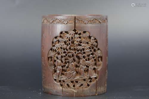 A Carved Figural Storied Bamboo Brush Pot from the 19th