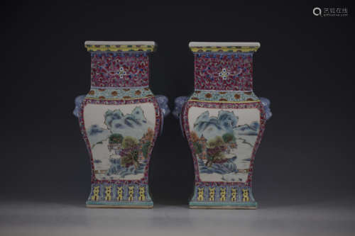 A Pair of Chinese Enameled Porcelain Zun Vases