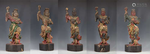 A Curved Lacquer-gilt Nanmu Figures of Thunder God and