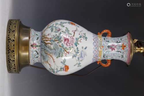 A Famille Rose Floral and Butterflies Vase Lamp from