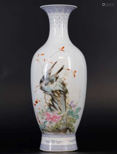 A Famille Rose Floral and Bird Vase by Xiong Mengting