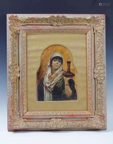 A Framed Oil On Leather of a Woman Holding a Vase Circa 1860