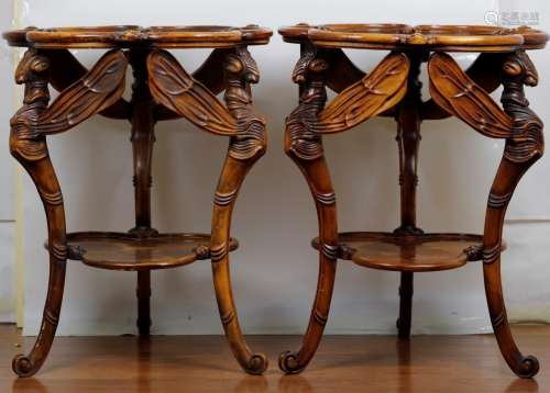 A Pair of Finely Carved Mahogany Dragonfly Occasional