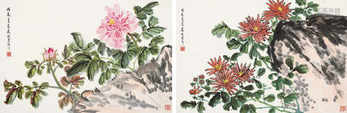 严桂荣 花卉 四屏 镜片 设色纸本