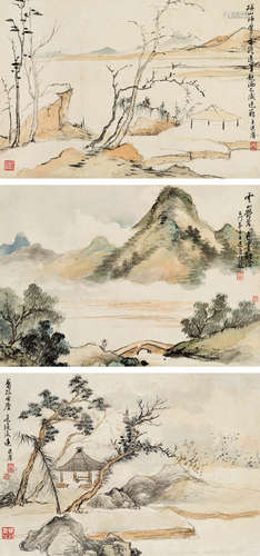 李研山 山水 镜片 （三开） 设色纸本