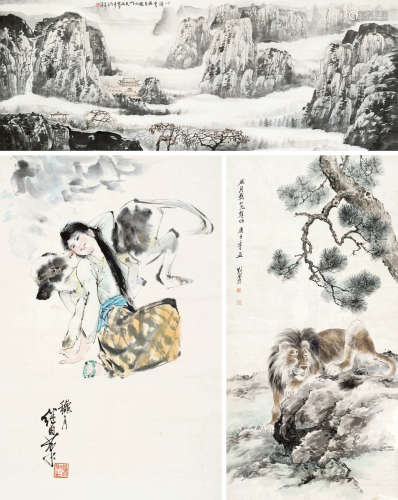 田一平 刘继卣 刘奎龄（款） 山水 人物 狮子 镜片、立轴二屏 设色纸本