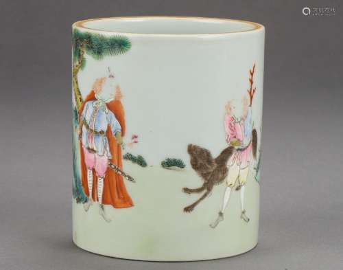 A Famille Rose Westerners Figural Brush Pot from Qing Dynasty