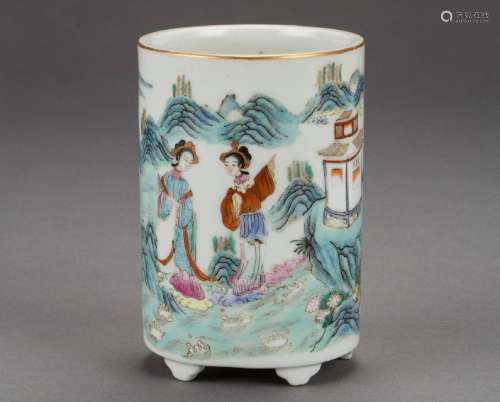 A Famille Rose Goddess Brush Tripot from Qing Dynasty