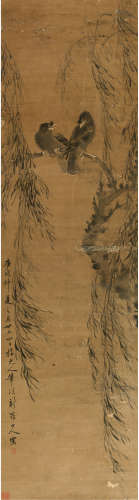 新罗山人（款） 柳树八哥 纸本水墨 镜片