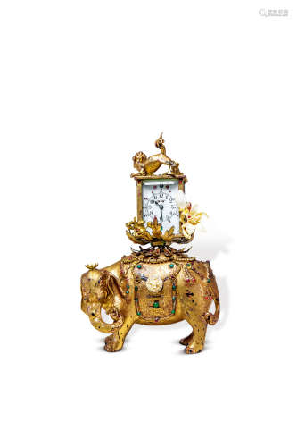 清代 铜鎏金“太平有象”式座钟 铜 有修，钟上花朵脱落，大象有修