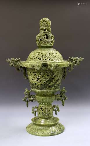 Chinese Spinach Jade Censer with Cover