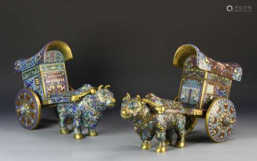 Pair of Chinese Cloisonne Cow and Cart