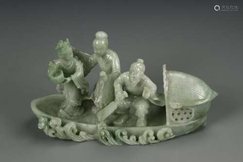 Chinese Jadeite Carving of Fishermen on Boat