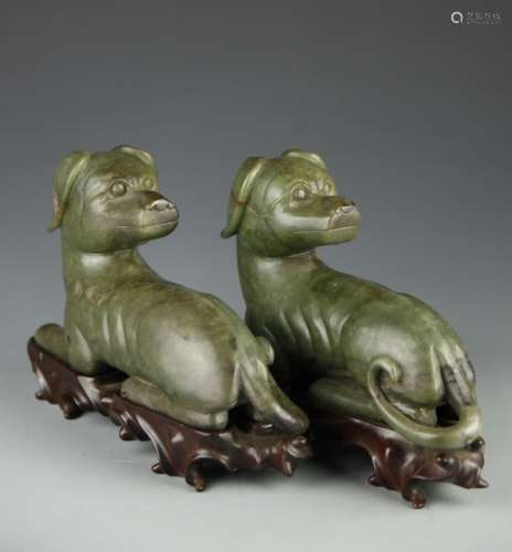 Pair of Chinese Spinach Jade Dogs