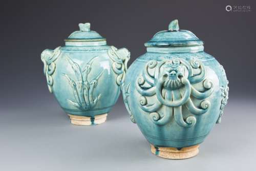 Pair of Chinese Turquoise-Glazed Jars
