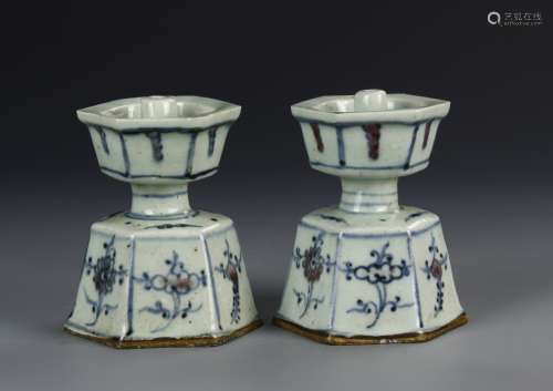 Pair of Chinese Blue and White Candle Holder
