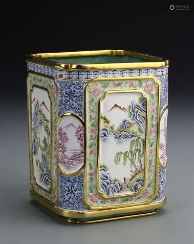 Chinese Enameled Copper Square Brush Pot