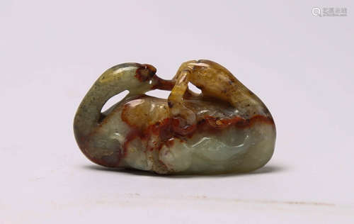 Hetian jade carving of two crane and lucid ganoderma