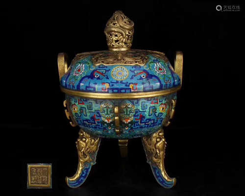 A BRONZE CLOISONNE TRIPOD CENSER WITH QIANLONG MARK