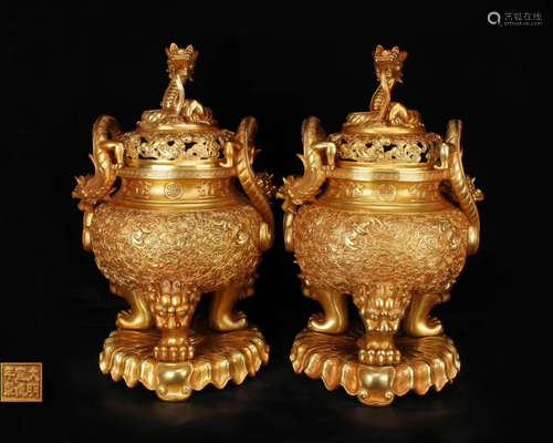 PAIR GILT BRONZE CARVED CENSER WITH XUANDE MARK