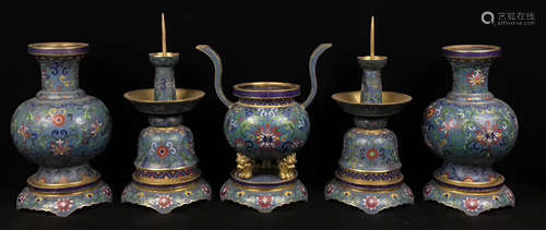 SET OF FIVE CLOISONNE BRONZE UTENSILS