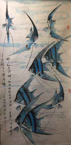 FISH PAINTING HAND SCROLL OF MEININGGUO SIGN