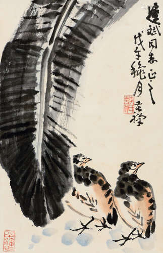 李苦禅（1898～1983） 戊午（1978年）作 蕉阴鹌鹑 镜心 设色纸本