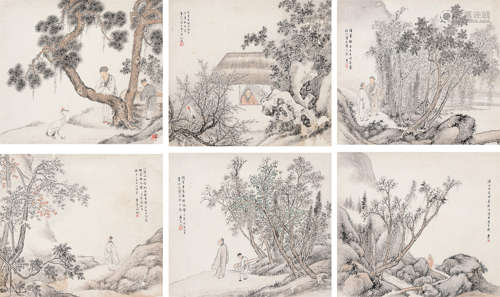 何翀（1807～1883） 山水人物 （六幅） 镜心 设色纸本