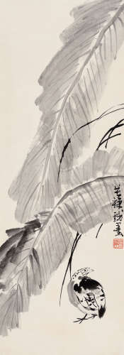 李苦禅（1898～1983） 蕉荫孤禽 立轴 水墨纸本