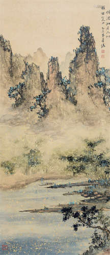 吕寿琨（1919～1975） 乙未（1955年）作 山水 立轴 设色洒金笺
