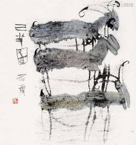 石虎（b.1942） 三羊图 立轴 设色纸本