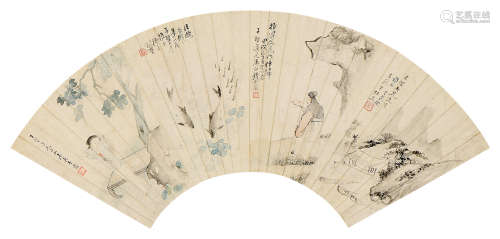 钱松嵒 吴青霞 刘艺（1899～1985）等 杂题扇面 镜框 设色纸本