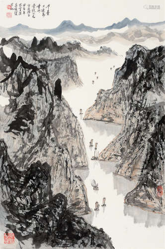 吴俊发（b.1927） 甲子（1984年）作 峡江行 立轴 设色纸本