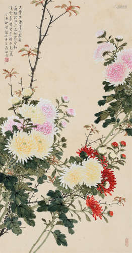 张韶石（1913～1991） 丁酉（1957年）作 秋菊 立轴 设色纸本