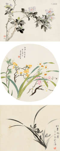 陈摩 谢月眉 刘延涛（1887～1946） 花卉 （一组三幅） 镜心 设色纸本