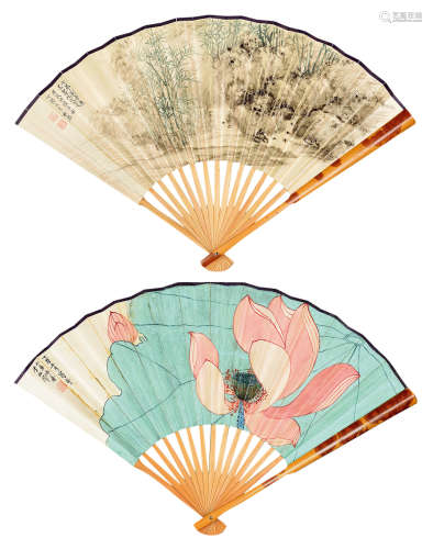 李秋君 李祖韩（1898～1973） 丁酉（1957年）作 山水 荷花 成扇 设色纸本