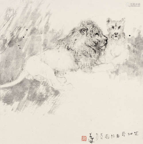 杨善深（1913～2004） 丙寅（1986年）作 双狮 镜心 水墨纸本