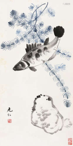 张充仁（1907～1998） 鱼藻图 立轴 设色纸本