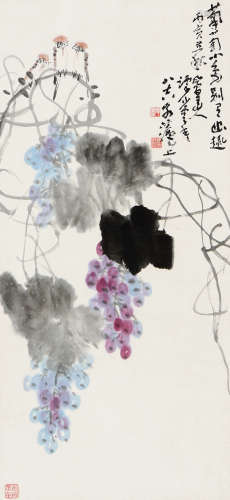 谭少云（1901～1988） 丙寅（1986年）作 葡萄小鸟 立轴 设色纸本