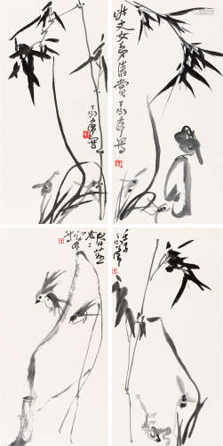 丁衍庸（1902～1978） 壬子（1972年）作 花鸟 镜心四屏 水墨纸本