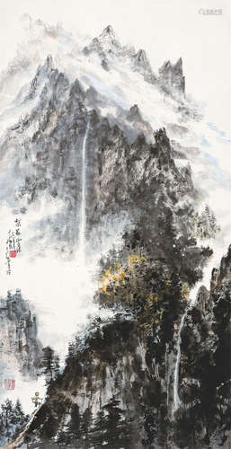 李昆（现代） 己巳（1989年）作 苗家山寨 立轴 设色纸本