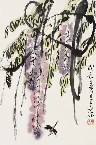 崔子范（1915～2011） 戊辰（1988年）作 紫藤蜻蜓 立轴 设色纸本