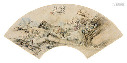 顾沄（1835～1896） 丁丑（1877年）作 秋山行旅 扇页 设色纸本