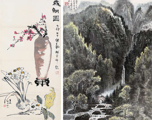 张雄 崔护 继馨（现代） 戊午（1978年）作 山水 岁朝图 （两幅） 立轴 设色纸本